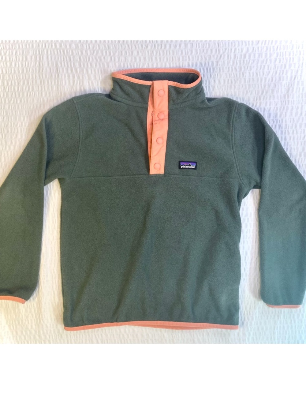 Patagonia 1/4 Snap T Fleece Pullover Kids Synchilla Olive Green Salmon Small 7/8